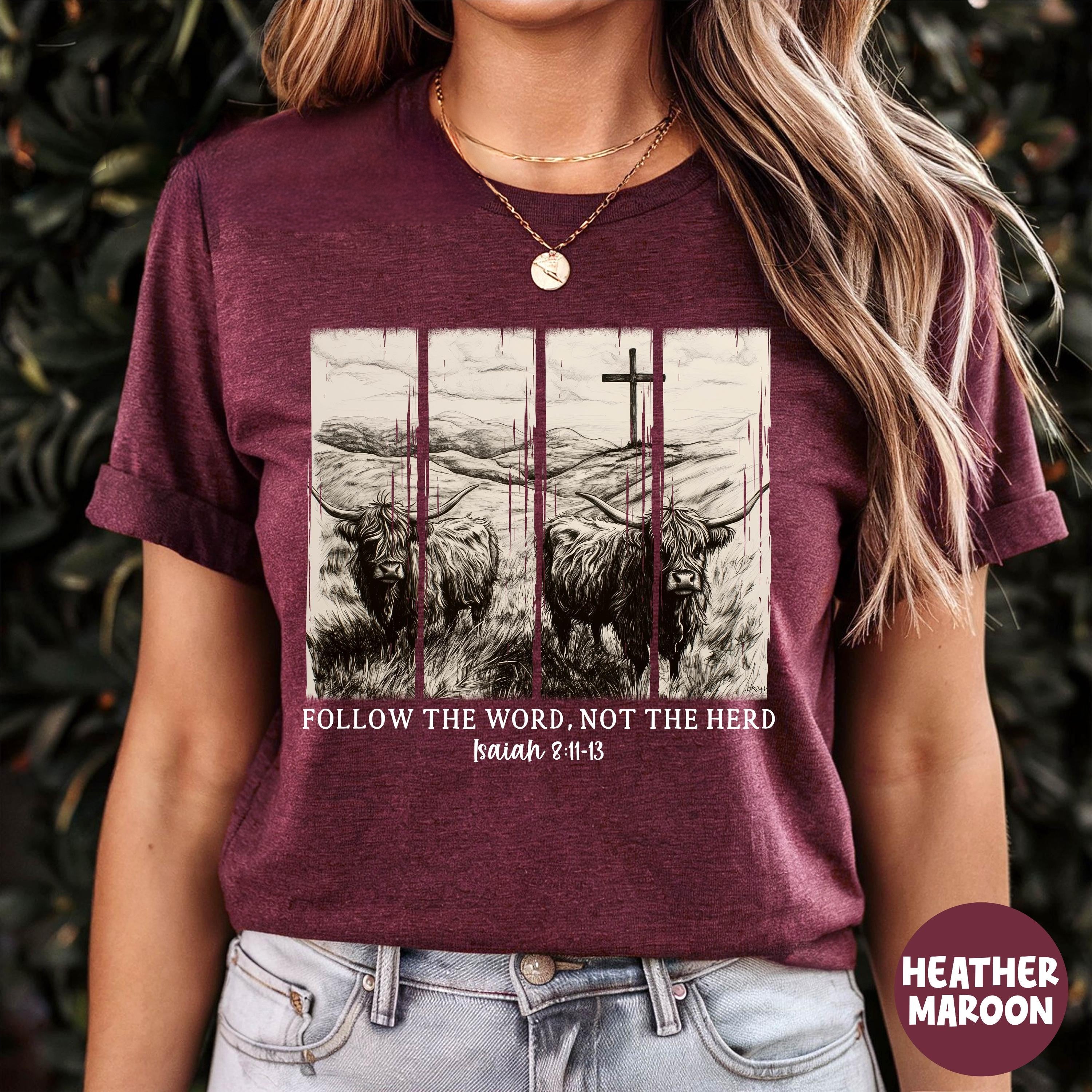 H9Neko Follow the Word Not the Herd Shirt – Christian Highland Cow Tee, Vintage Bible Verse Shirt, Boho Country Christian T-Shirt