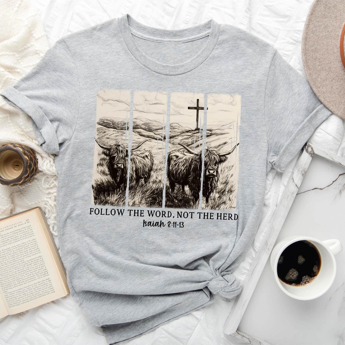 H9Neko Follow the Word Not the Herd Shirt – Christian Highland Cow Tee, Vintage Bible Verse Shirt, Boho Country Christian T-Shirt