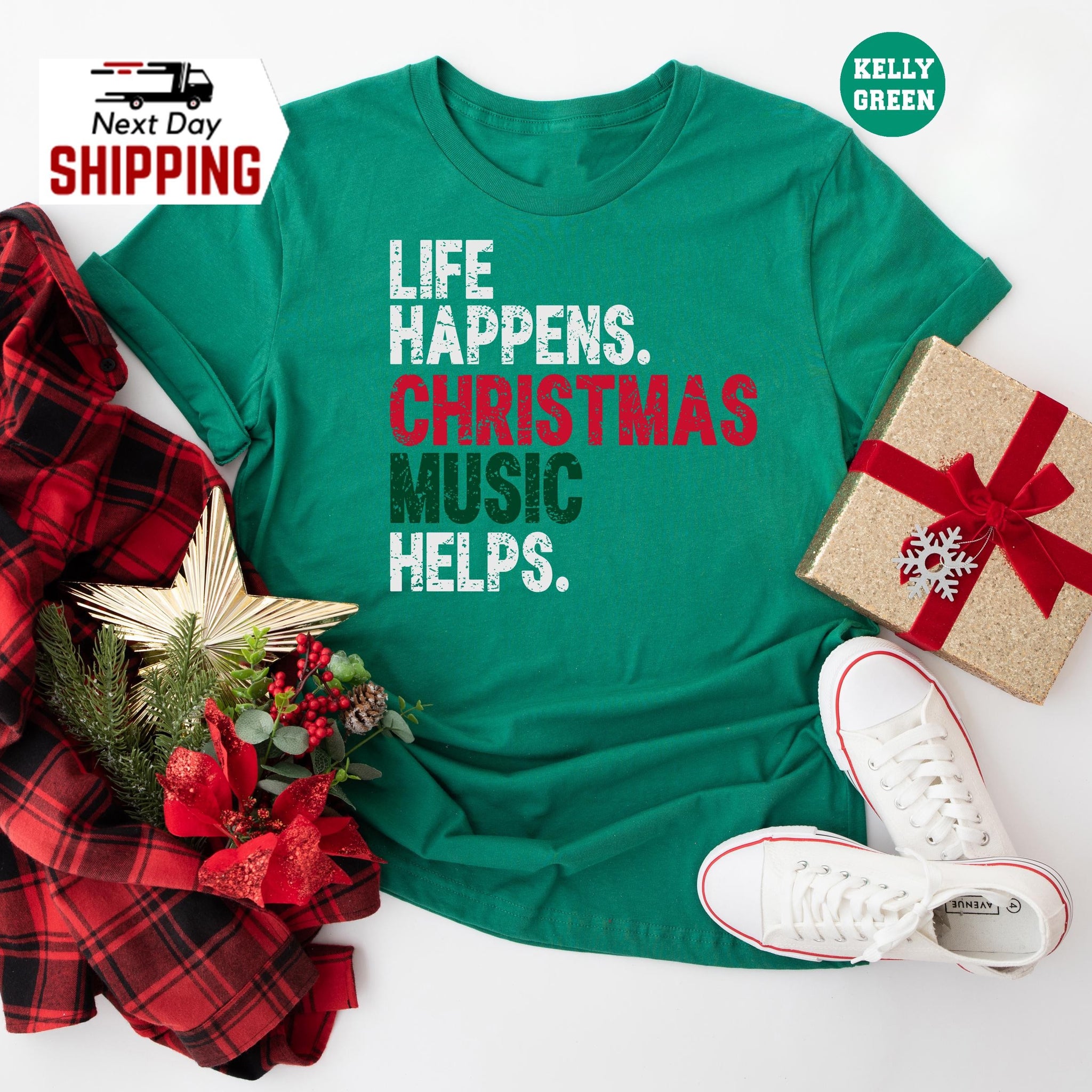 H9NEKO Funny Christmas Music Helps Shirt - Life Happens Tee Gift