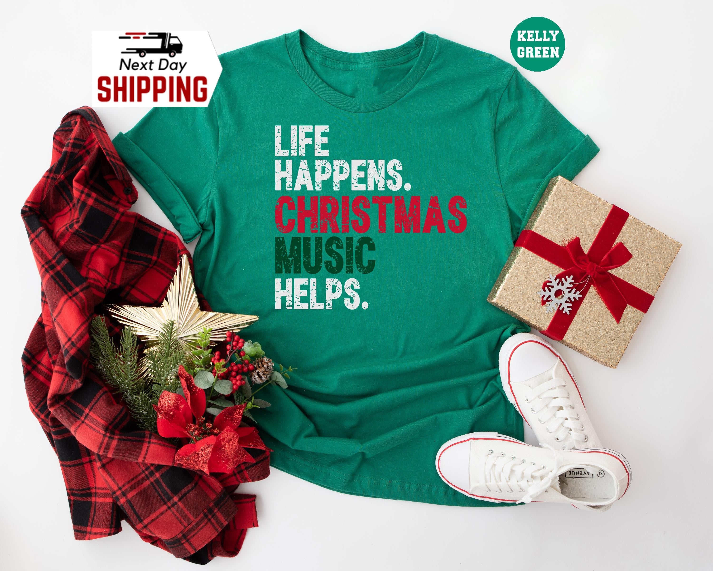 H9NEKO Funny Christmas Music Helps Shirt - Life Happens Tee Gift