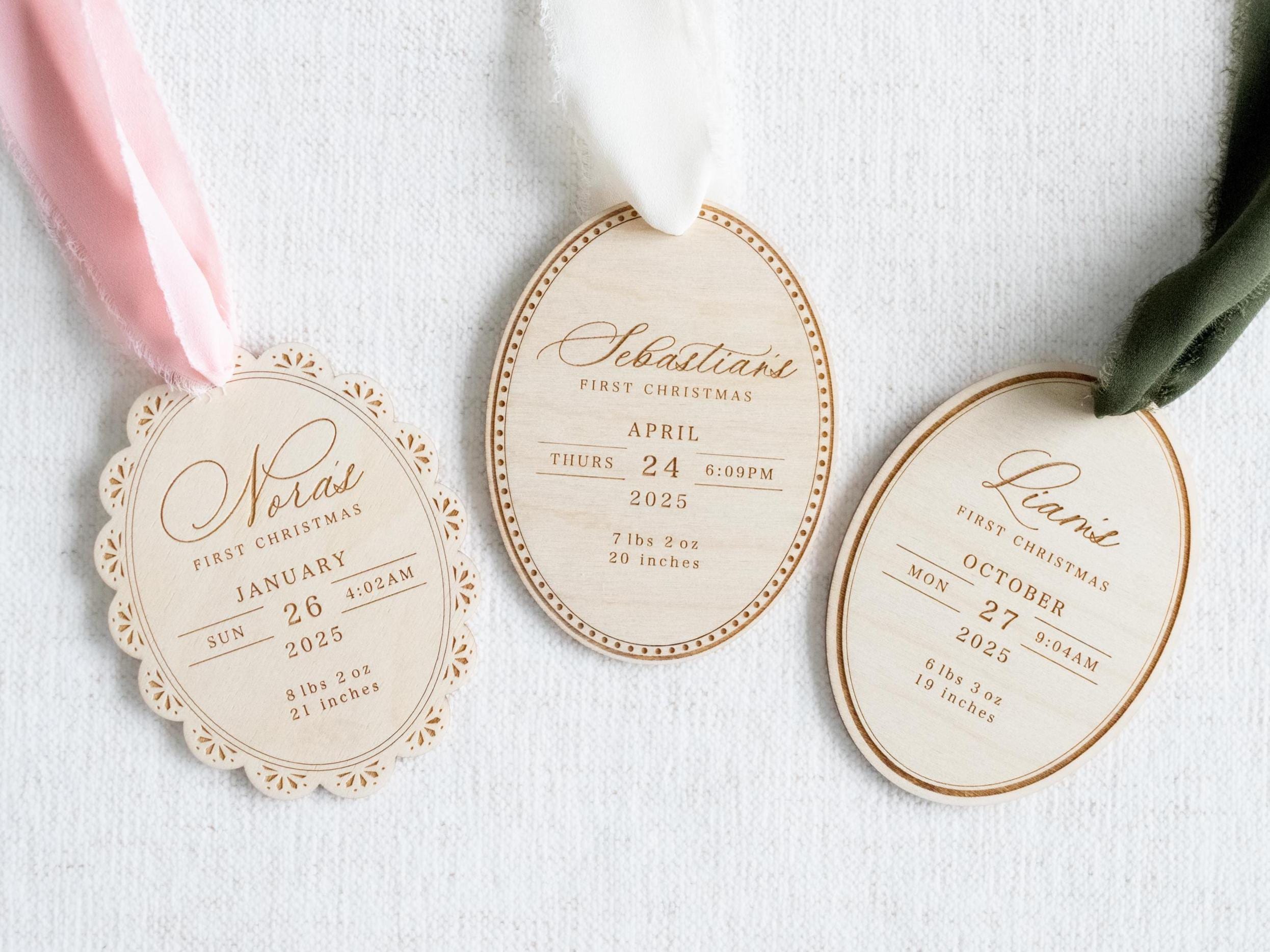 H9Neko Custom Baby’s First Christmas Ornament – Engraved Wooden Birth Stats & Name Gift