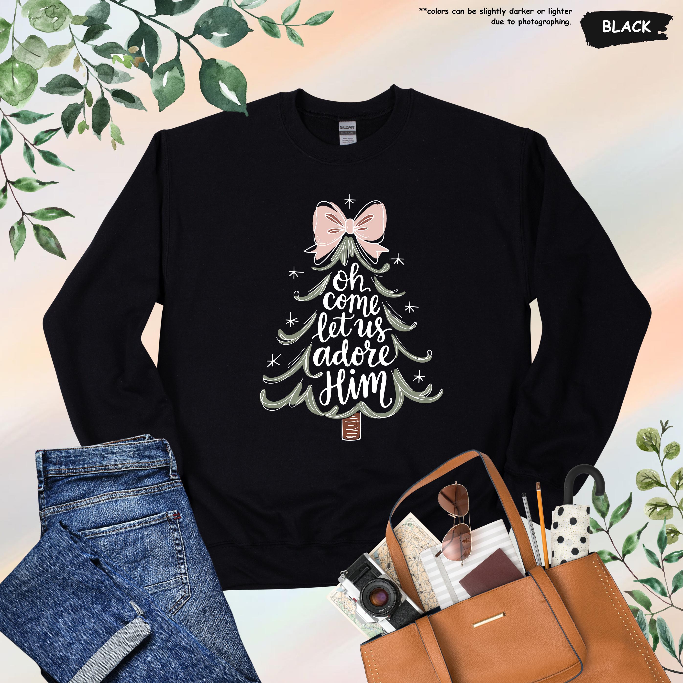 Religious Christmas Sweatshirt – Oh Come Let Us Adore Him Christian Hoodie | Jesus Nativity Sweater by H9Neko