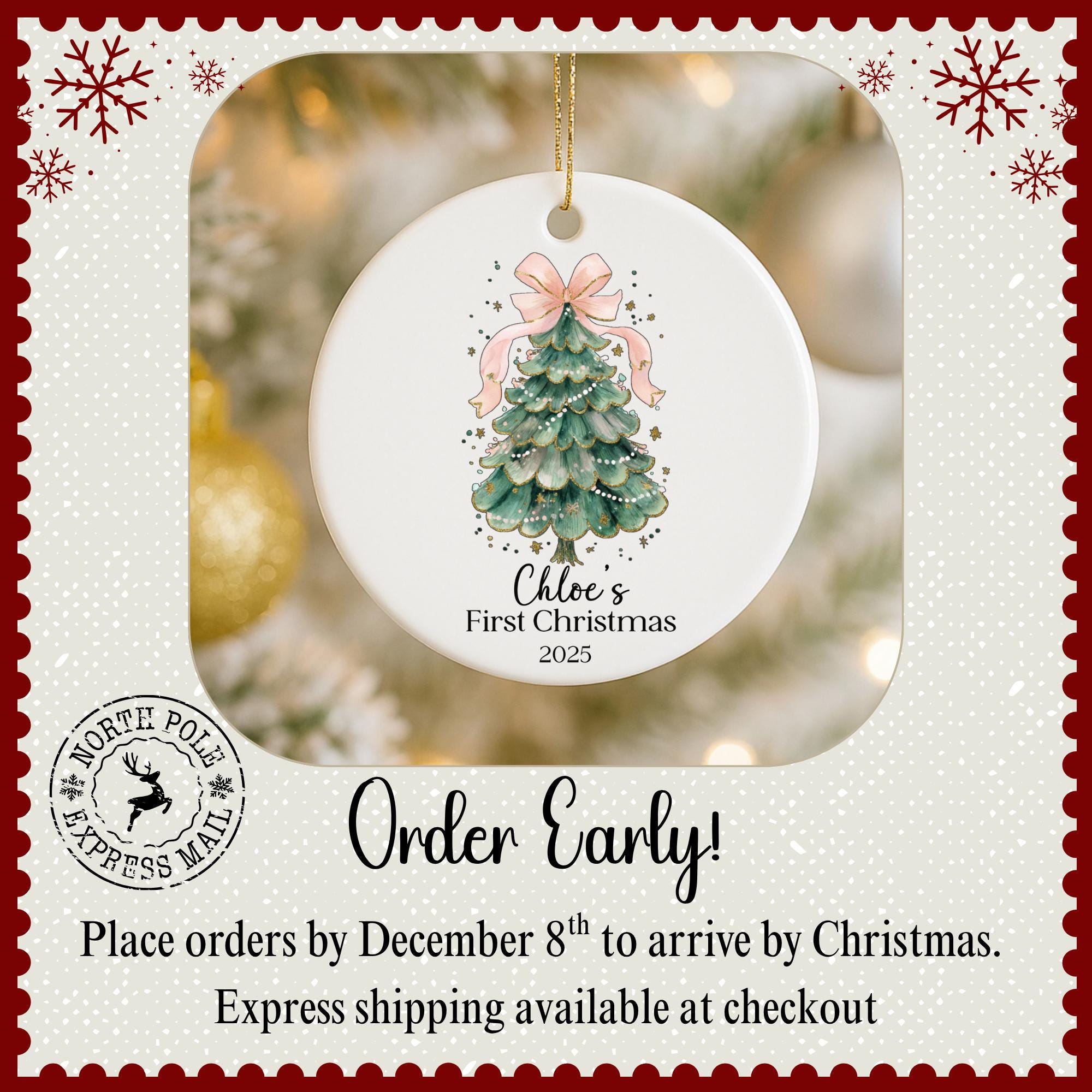 Personalized 1st Christmas Ornament for Baby Girl - Pink Bow Gift