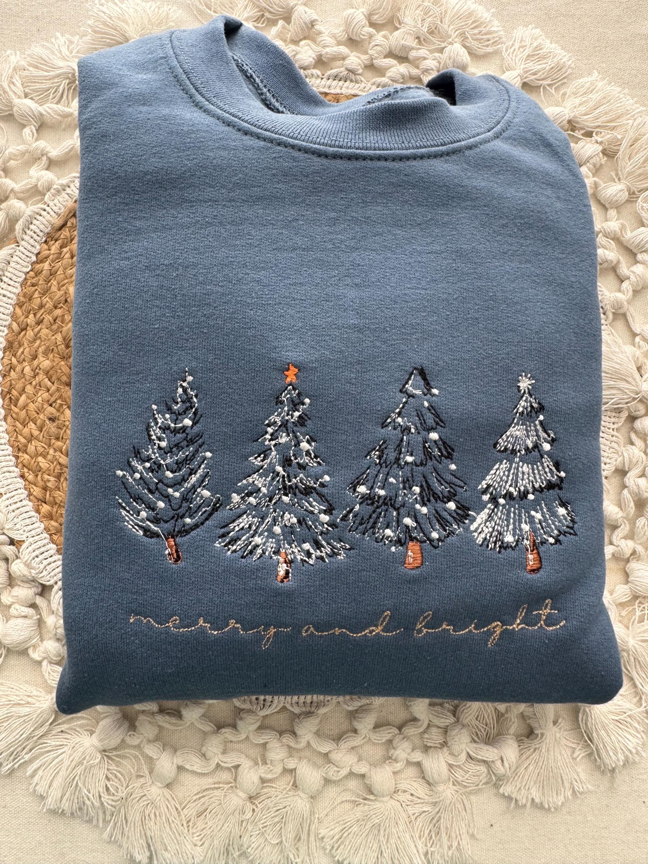 Christmas Tree Embroidered Crewneck – Merry & Bright 4 Trees Sweatshirt | H9Neko
