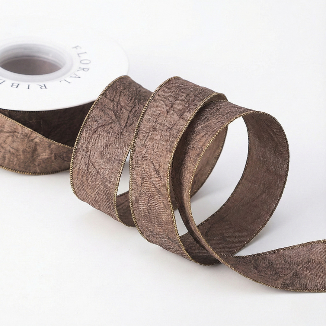 Shimmering Mocha Wrinkled Ribbon 1" x 10yd | Elegant Antique Style for DIY Crafts | H9Neko