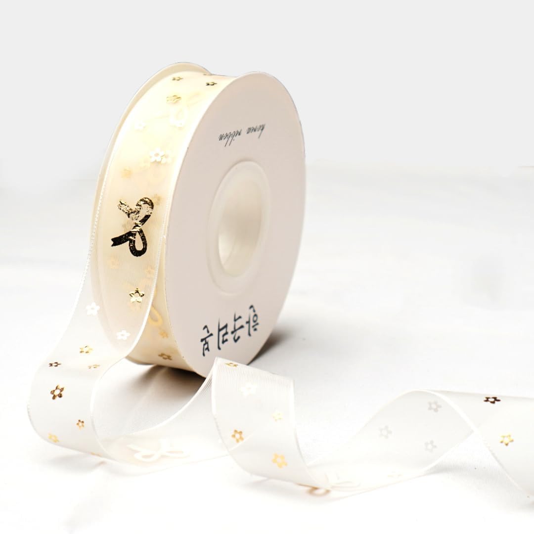 H9Neko 1-Inch Gold Foil Sheer Organza Ribbon |10 Yards Decorative Metallic Print Craft Ribbon for Gift Wrapping, Wedding, Floral Arrangements (Bow)