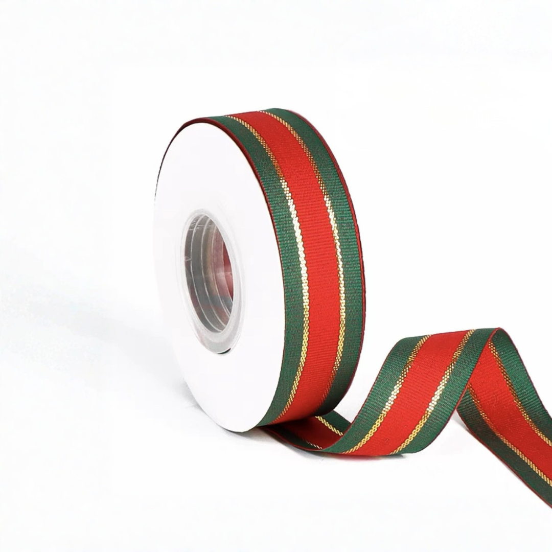 H9Neko Christmas Gift Wrapping Ribbon Wide, Red Green Gold Metallic Holiday Trim | 25 Yard Bulk Roll for DIY Wreaths & Craft Supplies