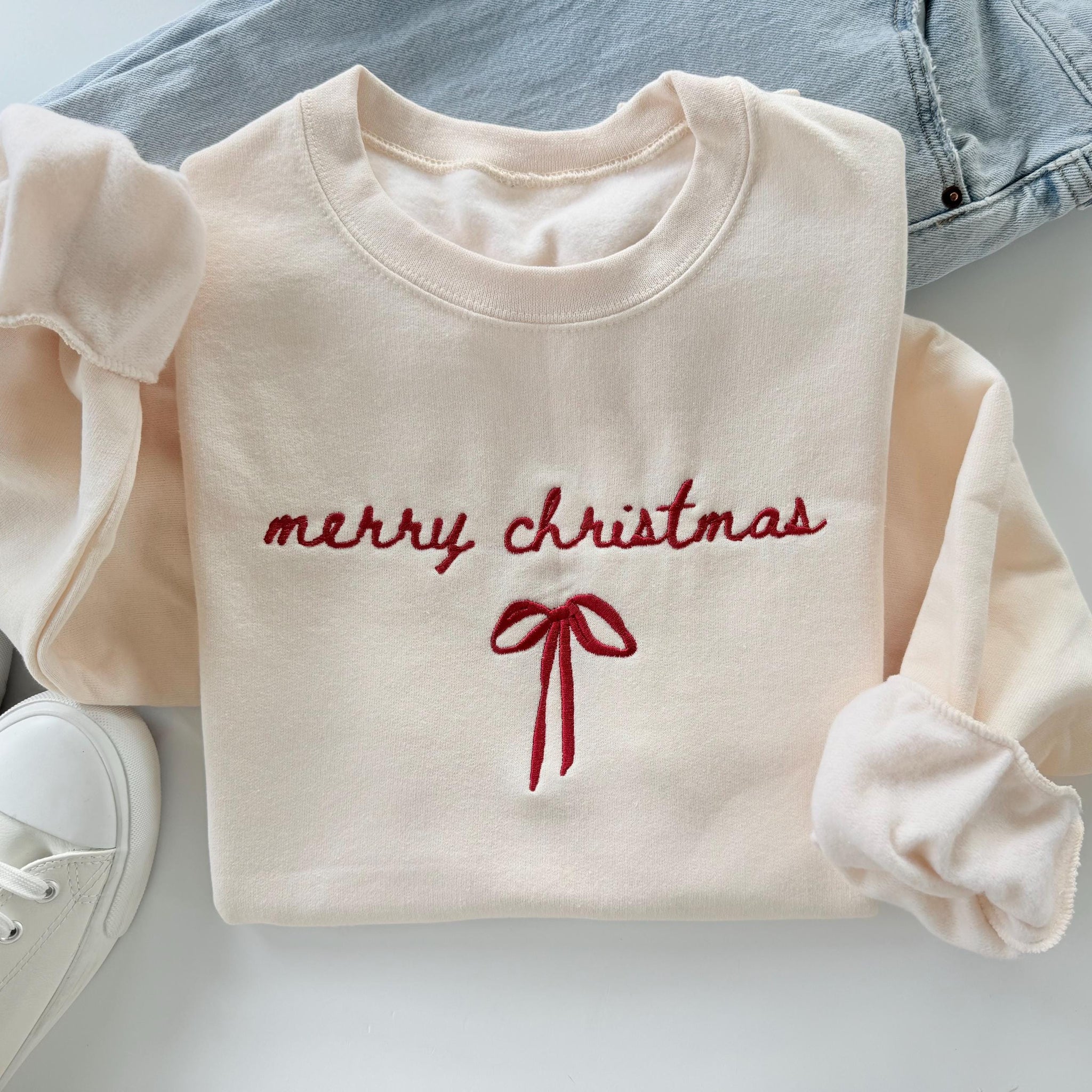 Merry Christmas Bow Sweatshirt - Hand Embroidered Holiday Top