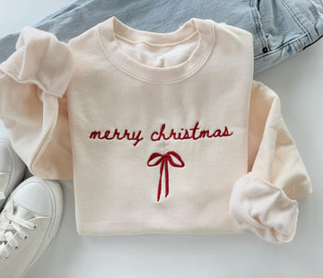 Merry Christmas Bow Sweatshirt - Hand Embroidered Holiday Top