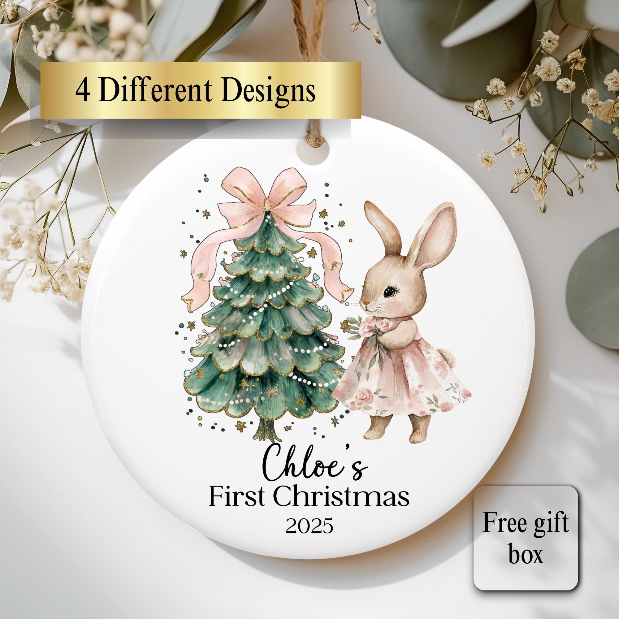 Personalized 1st Christmas Ornament for Baby Girl - Pink Bow Gift