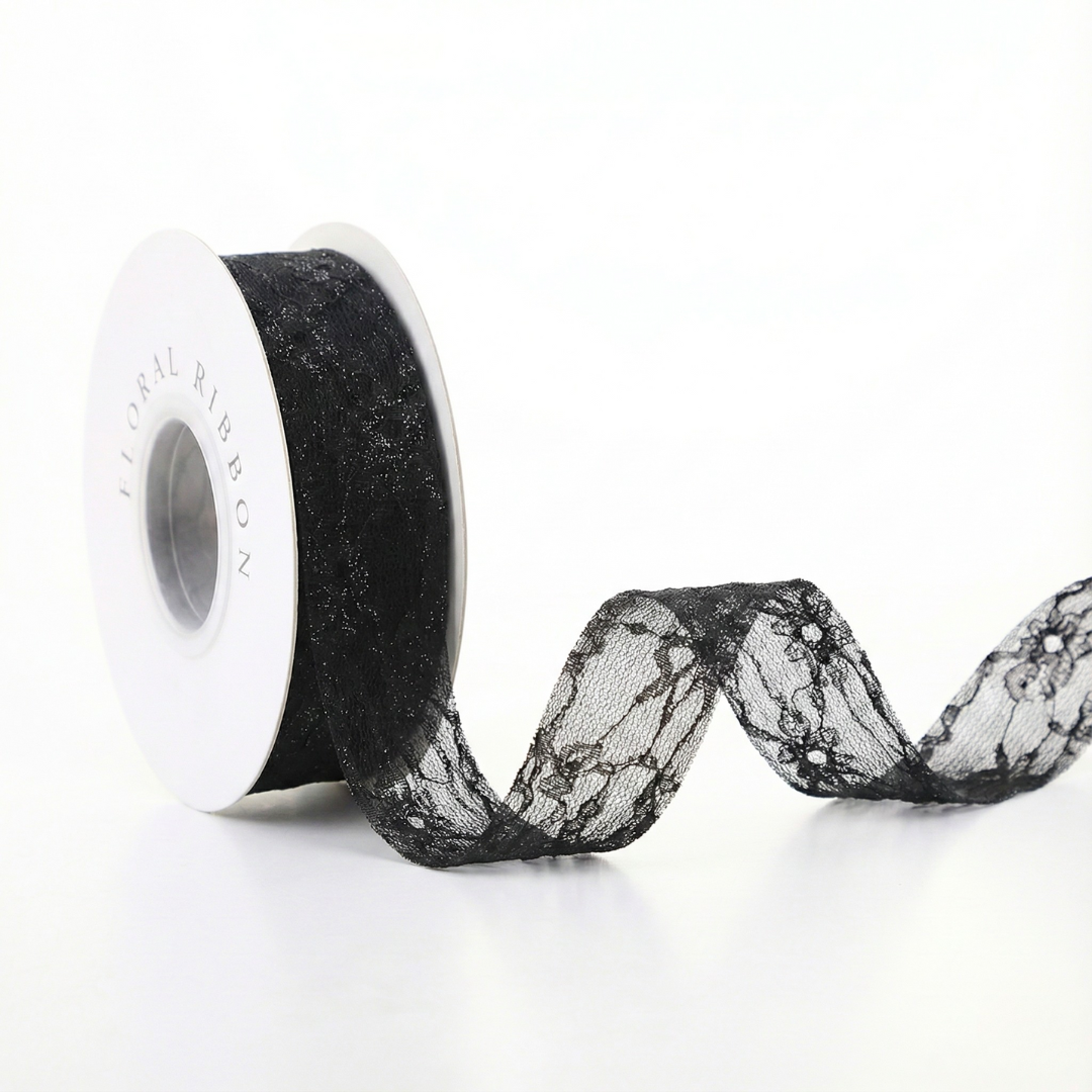 H9Neko Black Sheer Organza & Polyester Ribbon - Elegant Embroidered Floral Lace Design
