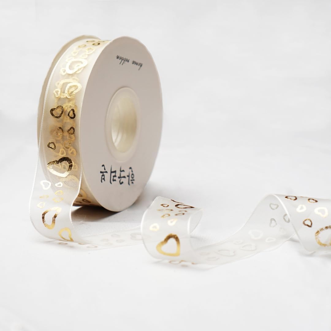 H9Neko 1-Inch Gold Foil Sheer Organza Ribbon |10 Yards Decorative Metallic Print Craft Ribbon for Gift Wrapping, Wedding, Floral Arrangements (Hearts)