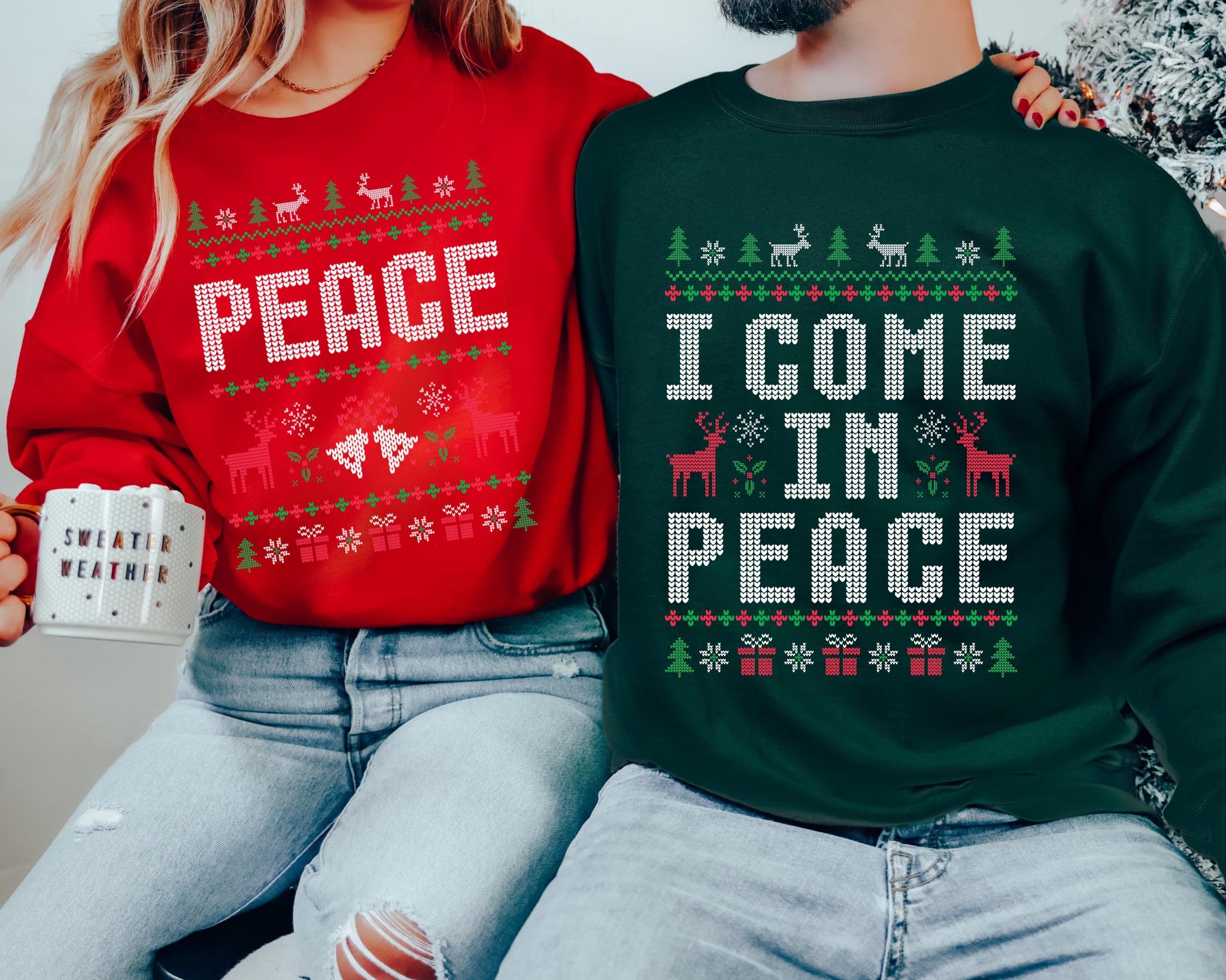 H9NEKO Couples Ugly Christmas Sweatshirt - "Come in Peace" Matching Gift