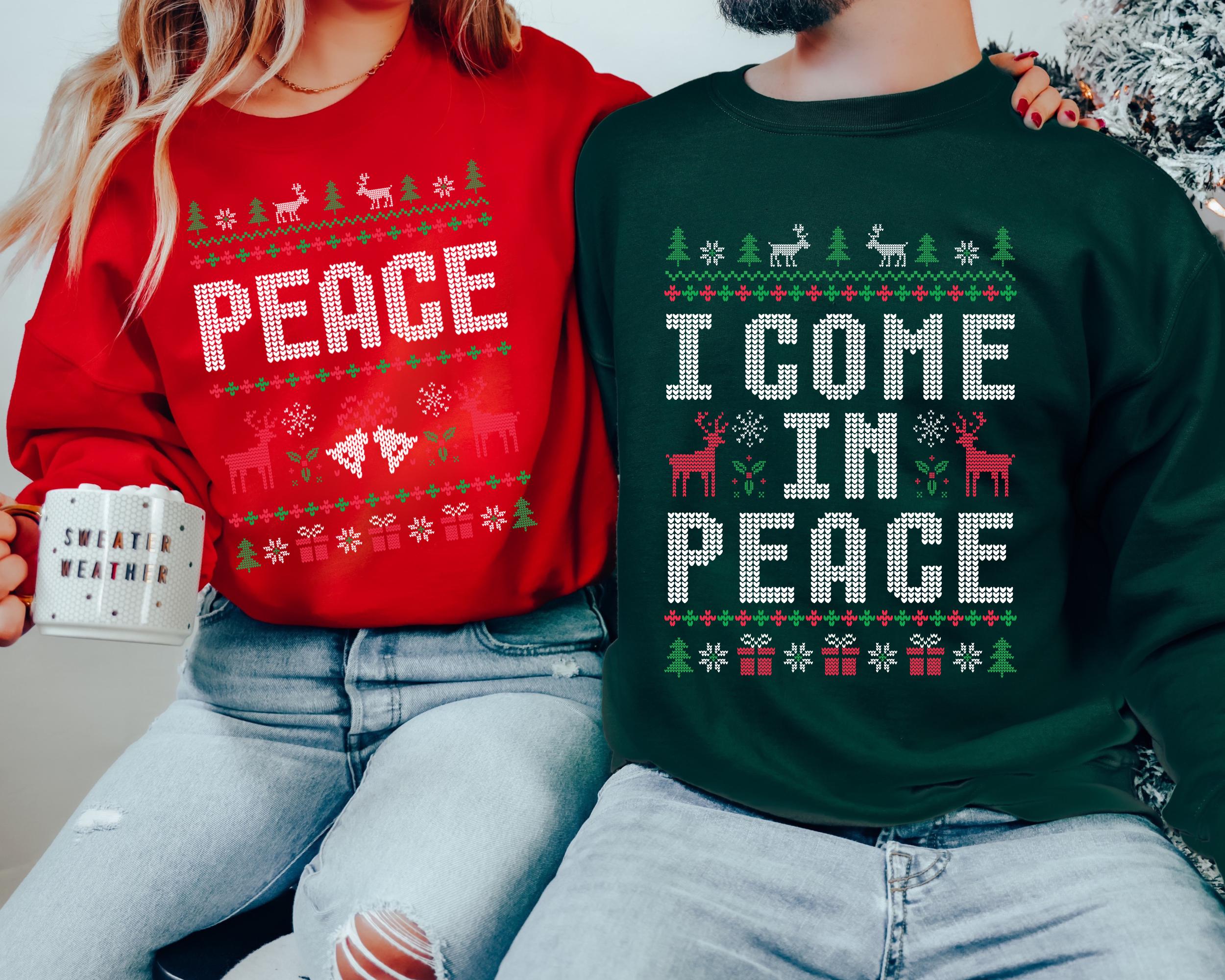 H9NEKO Couples Ugly Christmas Sweatshirt - "Come in Peace" Matching Gift