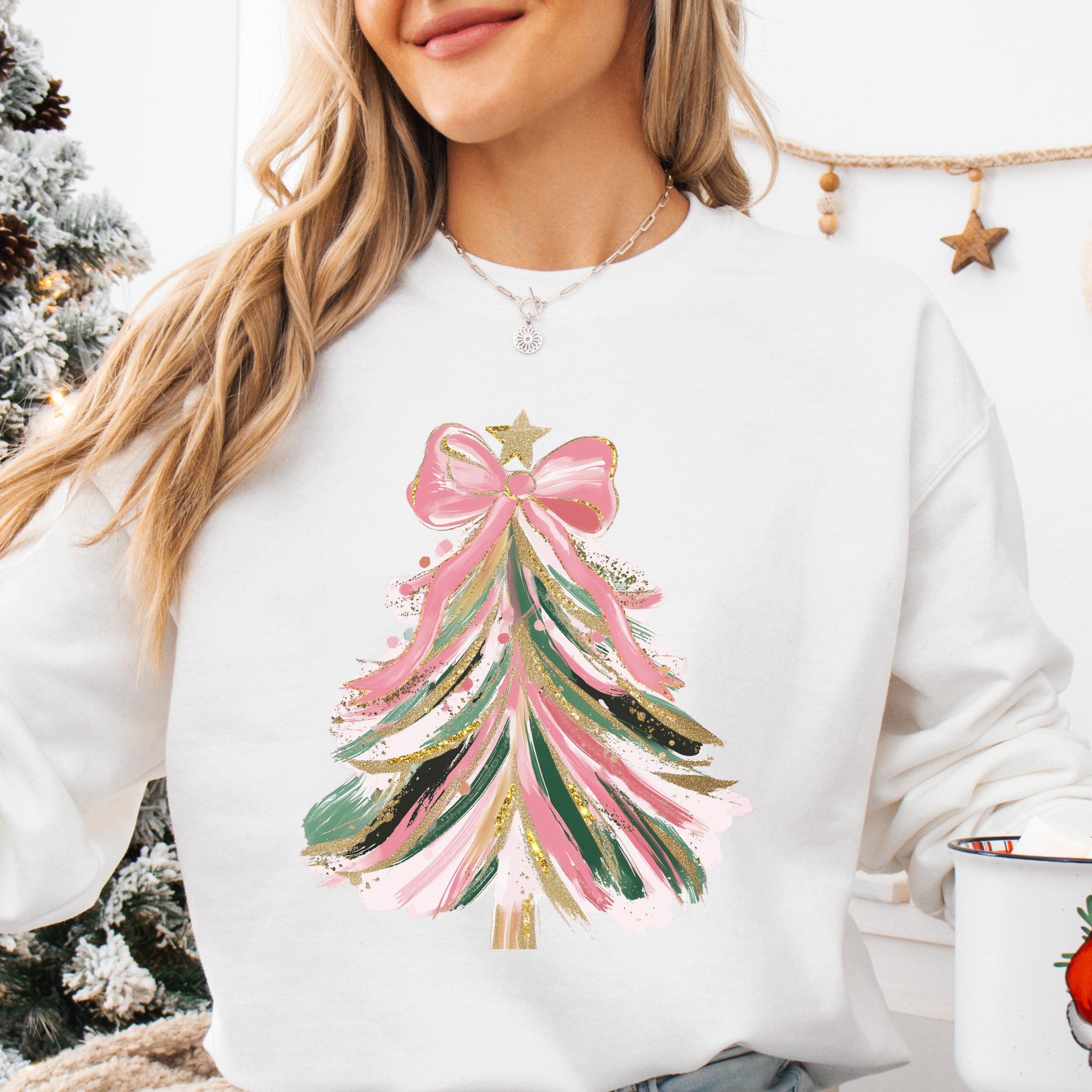 H9Neko Coquette Christmas Tree Sweatshirt – Faux Glitter Brushstroke Holiday Pullover for Christmas Girls