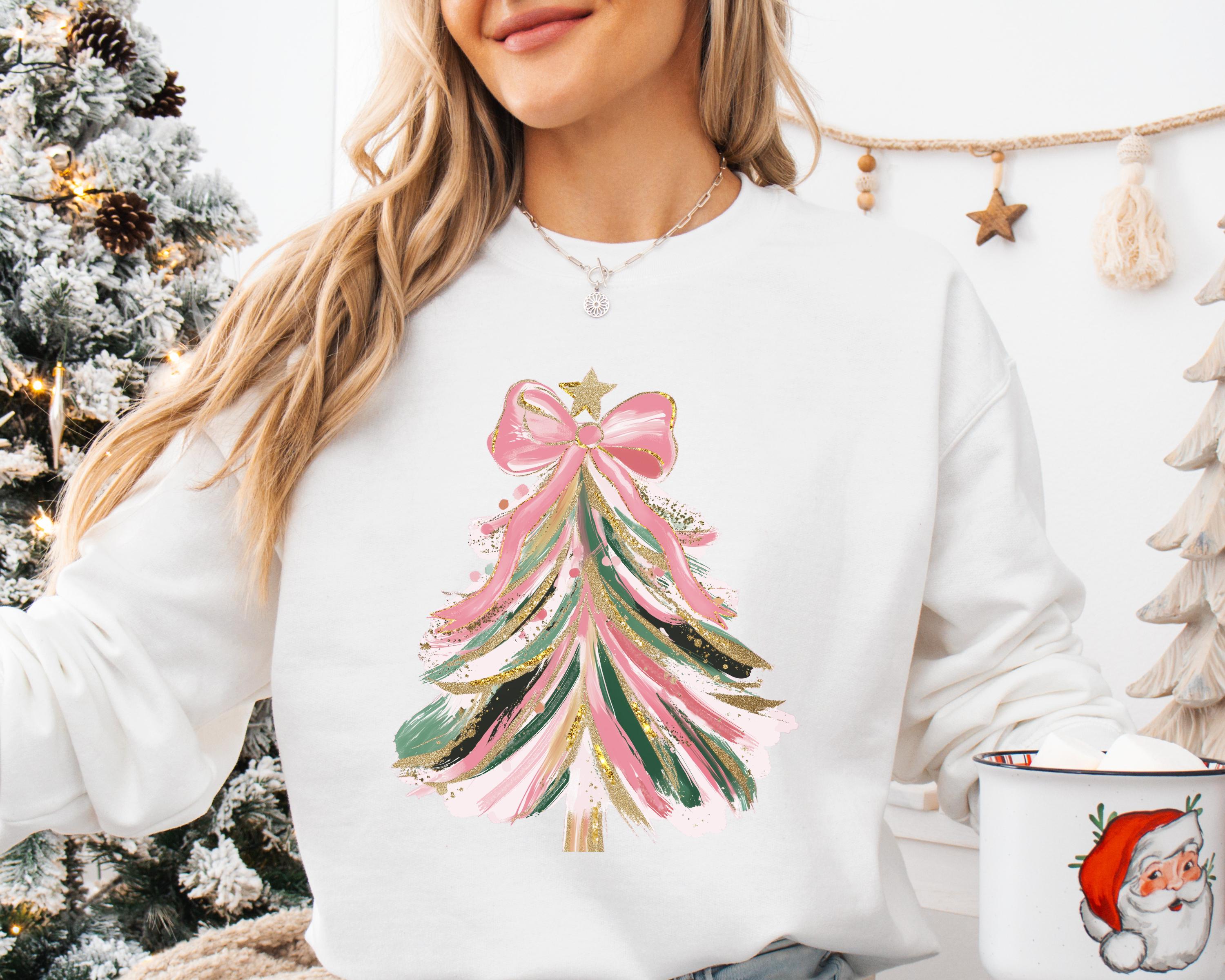 H9Neko Coquette Christmas Tree Sweatshirt – Faux Glitter Brushstroke Holiday Pullover for Christmas Girls
