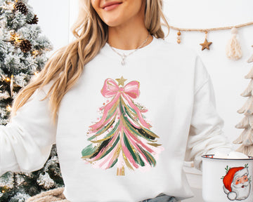 H9Neko Coquette Christmas Tree Sweatshirt – Faux Glitter Brushstroke Holiday Pullover for Christmas Girls