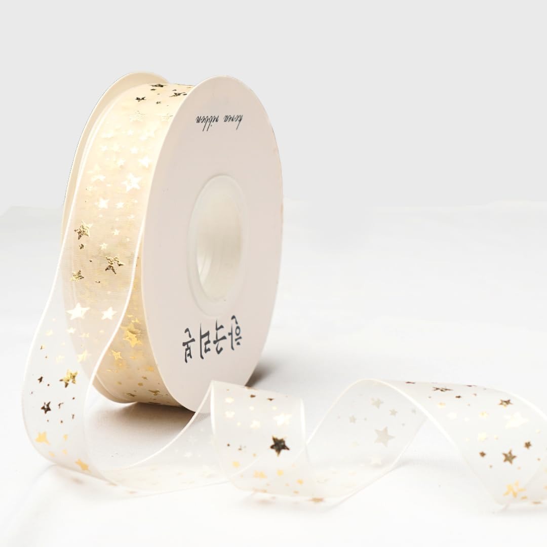 H9Neko 1-Inch Gold Foil Sheer Organza Ribbon |10 Yards Decorative Metallic Print Craft Ribbon for Gift Wrapping, Wedding, Floral Arrangements (Stars)