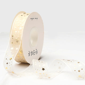 H9Neko 1-Inch Gold Foil Sheer Organza Ribbon |10 Yards Decorative Metallic Print Craft Ribbon for Gift Wrapping, Wedding, Floral Arrangements (Stars)