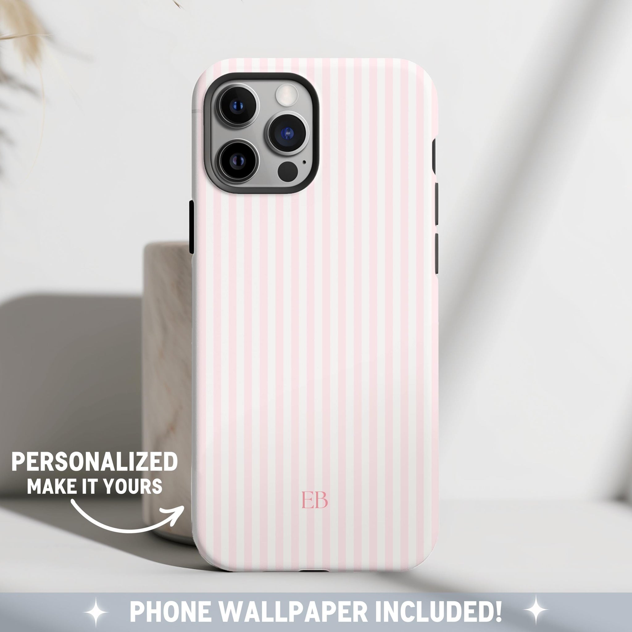 Personalized Pink Striped Phone Case – Custom Monogram Aesthetic Coastal Preppy Beachy iPhone Case