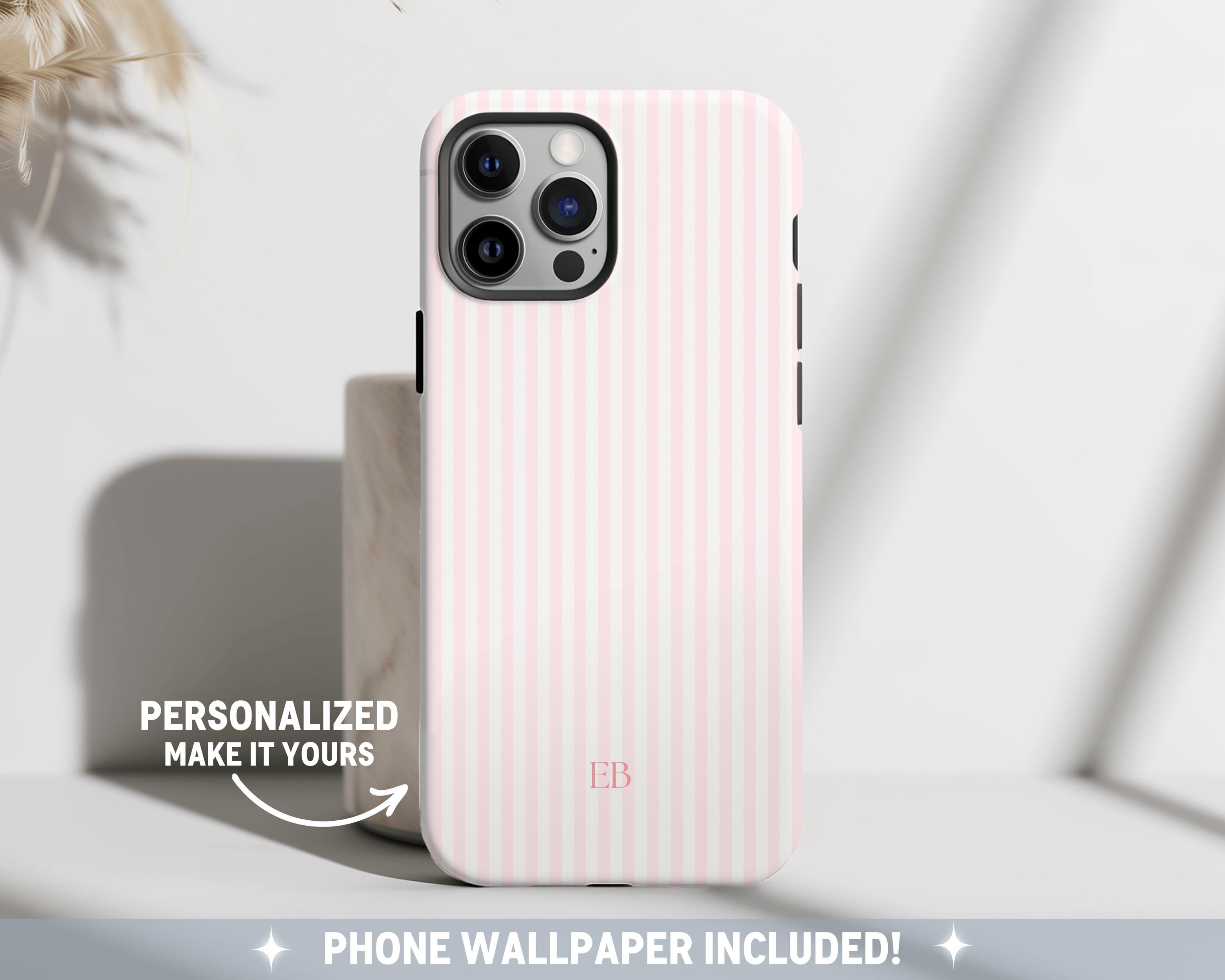 Personalized Pink Striped Phone Case – Custom Monogram Aesthetic Coastal Preppy Beachy iPhone Case
