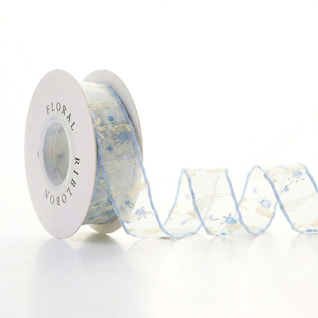 Retro Icy Blue Blossom Ribbon 1" x 10yd | Nostalgic Winter Crafts & Wedding | Elegant Snowy Season Gift Wrapping| H9Neko