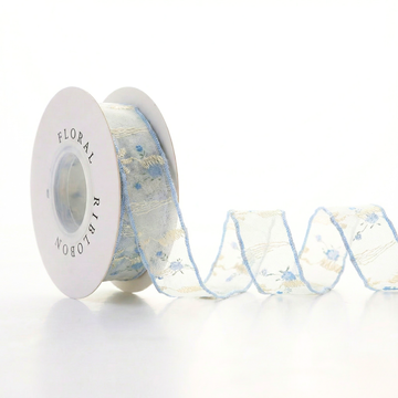 Retro Icy Blue Blossom Ribbon 1" x 10yd | Nostalgic Winter Crafts & Wedding | Elegant Snowy Season Gift Wrapping| H9Neko