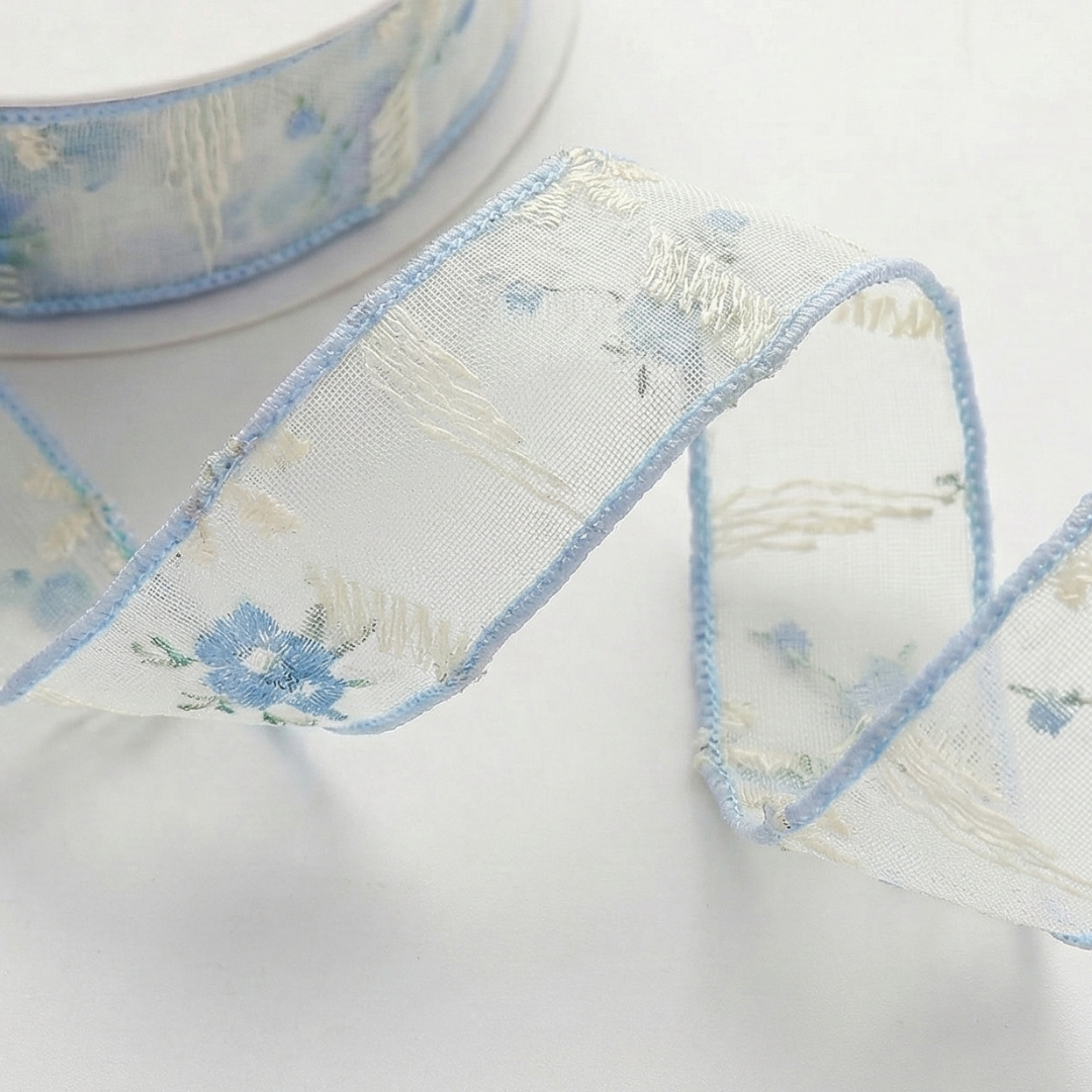 Retro Icy Blue Blossom Ribbon 1" x 10yd | Nostalgic Winter Crafts & Wedding | Elegant Snowy Season Gift Wrapping| H9Neko