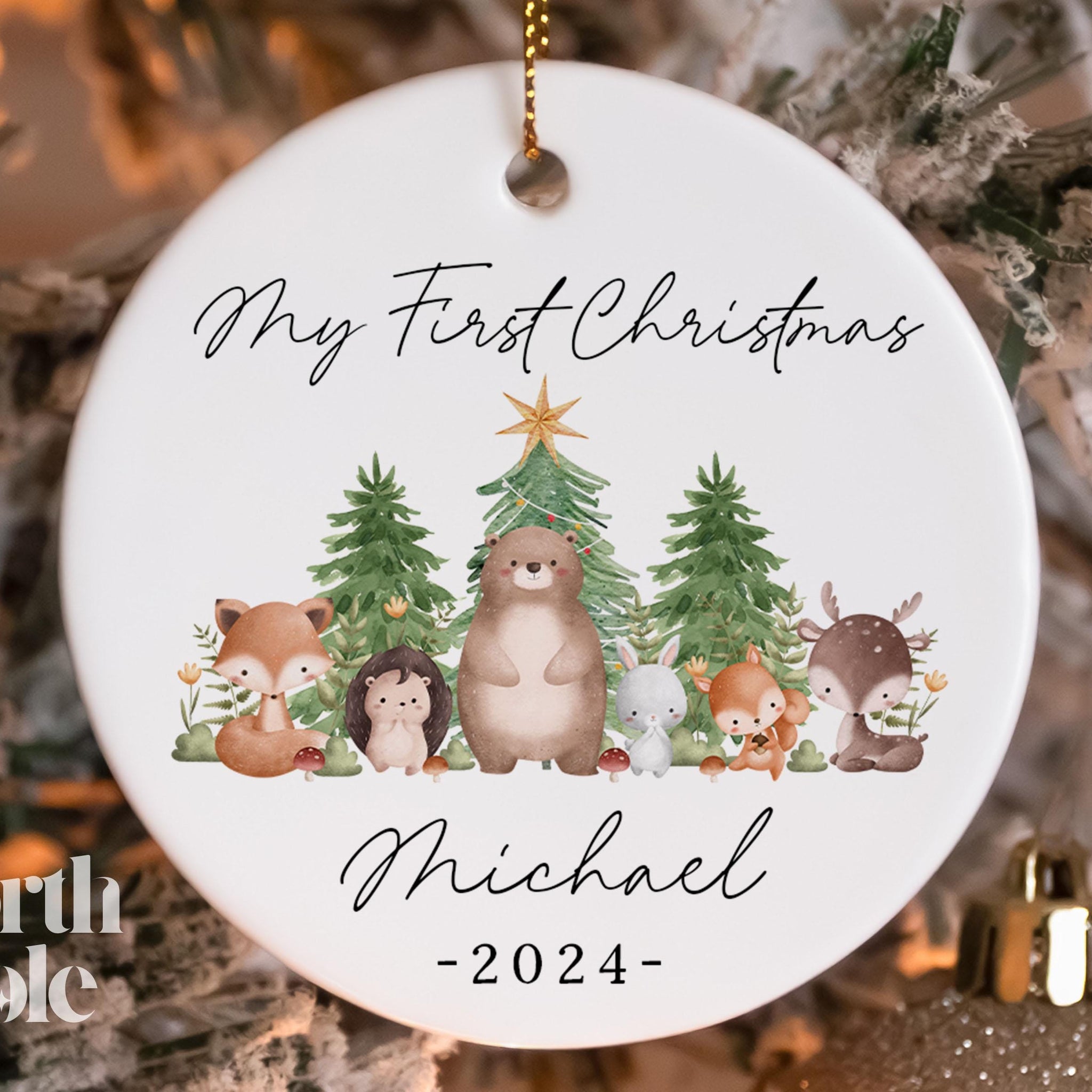 My First Christmas Kids Ornament - Personalized Woodland Name Tag