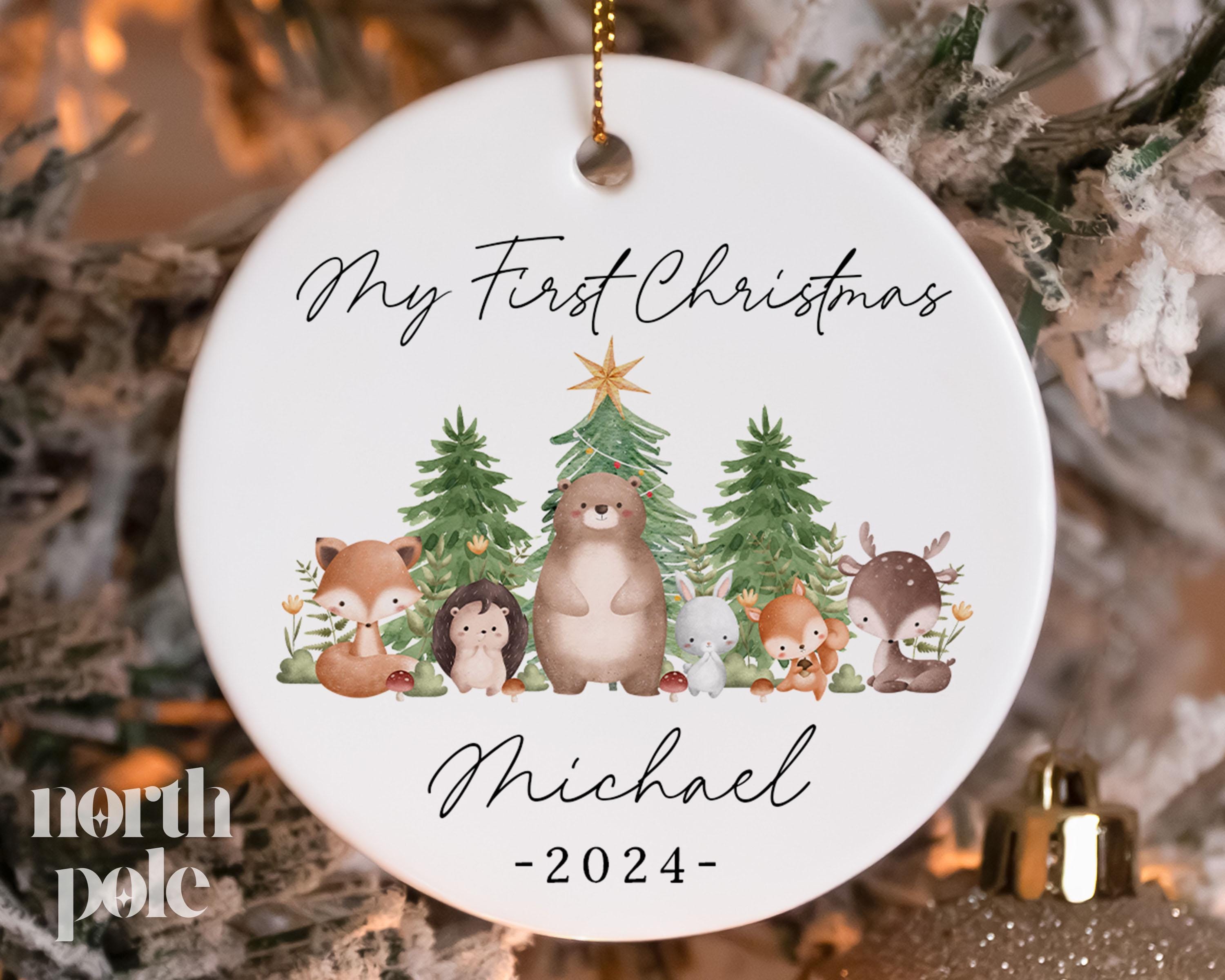 My First Christmas Kids Ornament - Personalized Woodland Name Tag