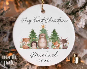 My First Christmas Kids Ornament - Personalized Woodland Name Tag