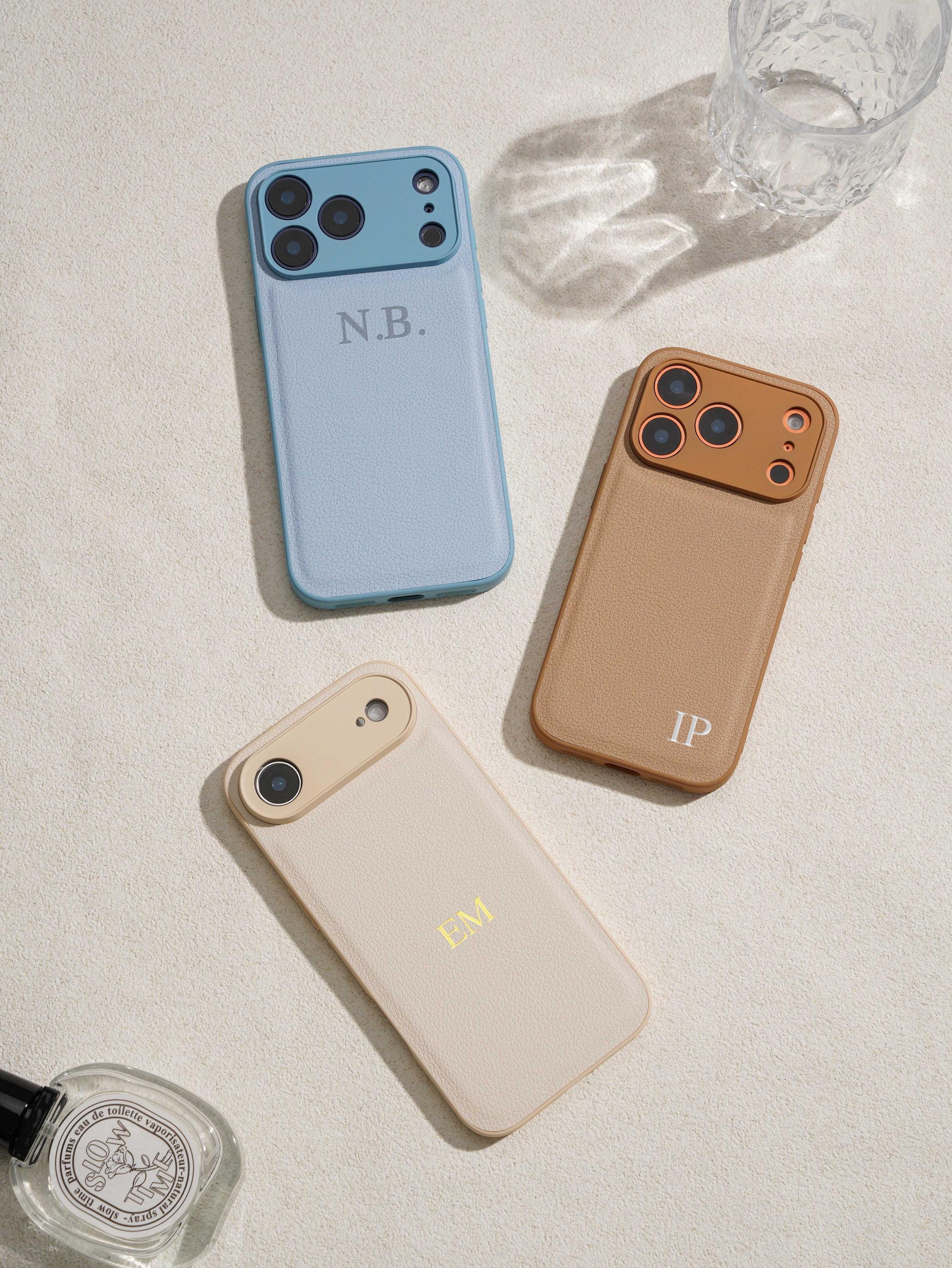 Personalized Leather Phone Case with Initials – Embossed Monogram Vegan Leather Cover for iPhone 17/16/15/14 Pro Max | H9Neko