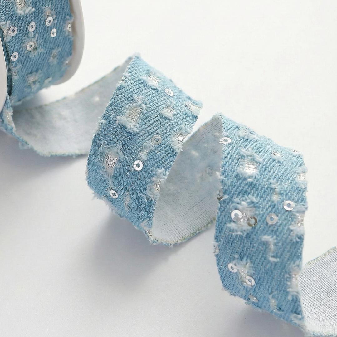 Sparkling Winter Denim Ribbon 1" x 10yd | Sequin Embellished Jean Texture for Christmas | Frozen Style Decor for Wreaths & Gifts H9Neko