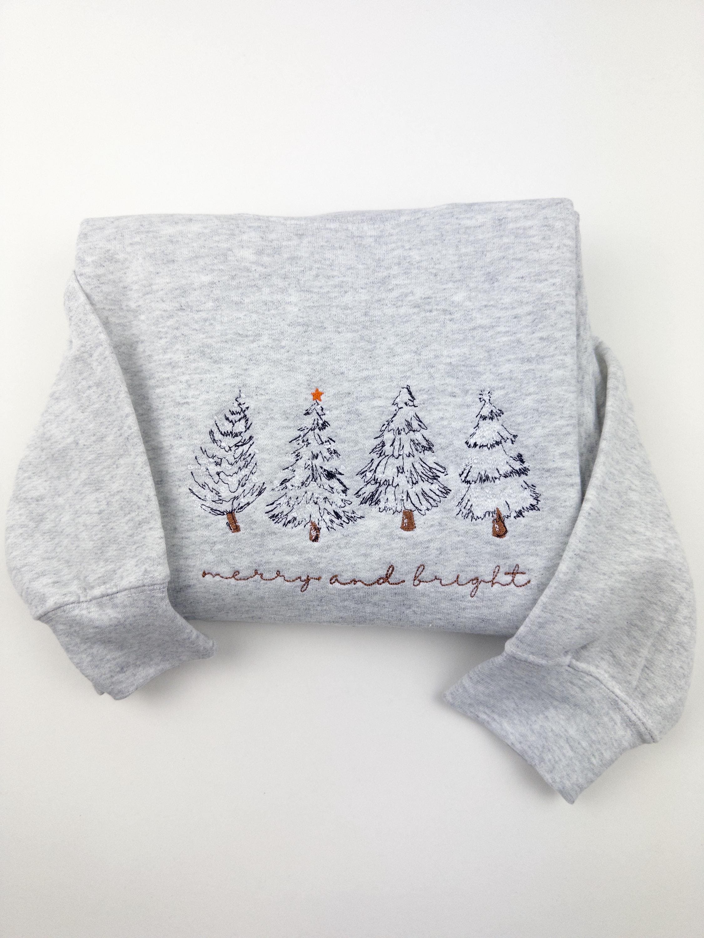 Merry & Bright Embroidered Christmas Hoodie – 4 Christmas Trees Crewneck | H9Neko
