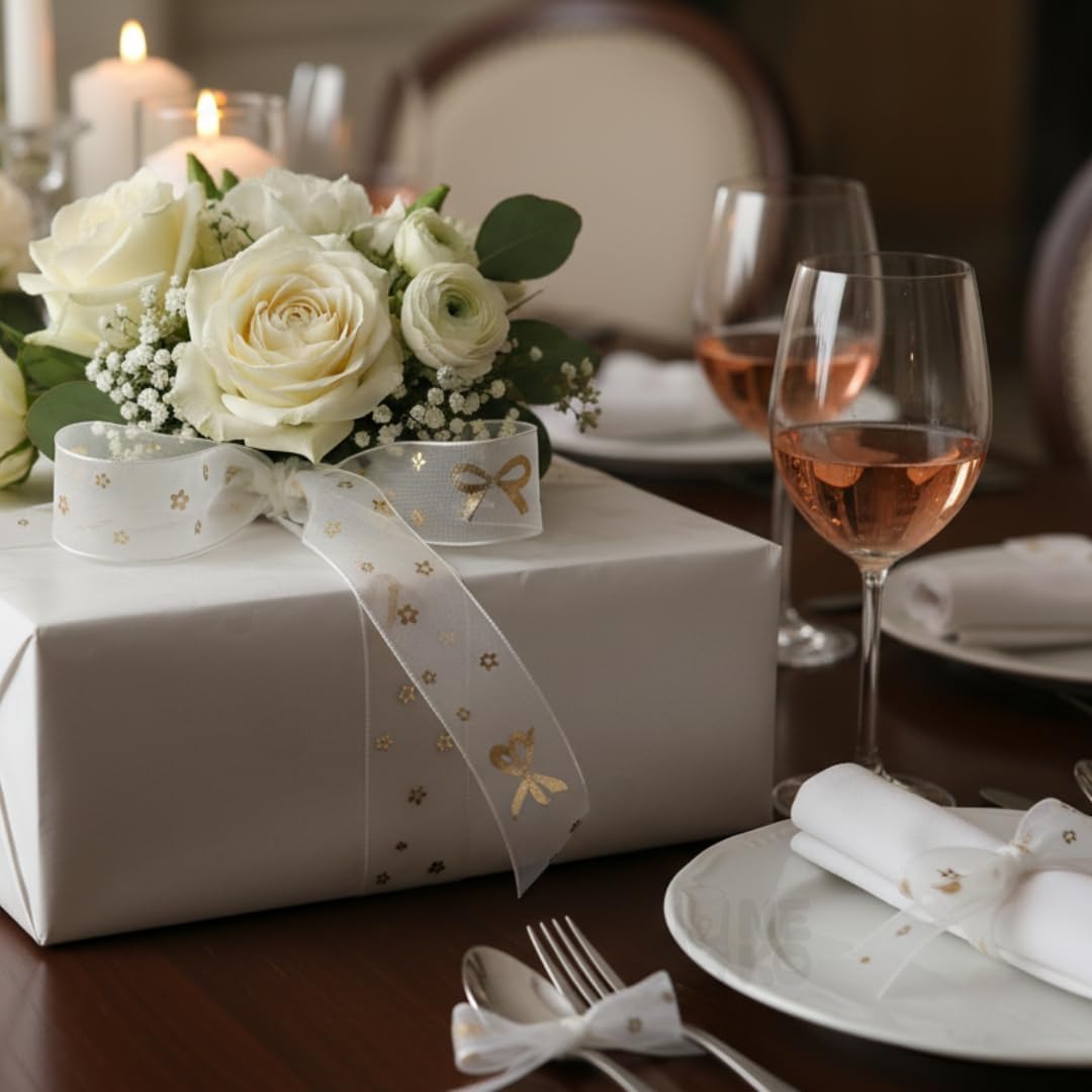 H9Neko 1-Inch Gold Foil Sheer Organza Ribbon |10 Yards Decorative Metallic Print Craft Ribbon for Gift Wrapping, Wedding, Floral Arrangements (Bow)