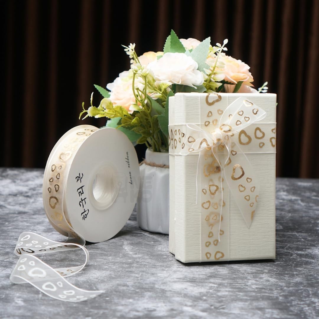H9Neko 1-Inch Gold Foil Sheer Organza Ribbon |10 Yards Decorative Metallic Print Craft Ribbon for Gift Wrapping, Wedding, Floral Arrangements (Hearts)