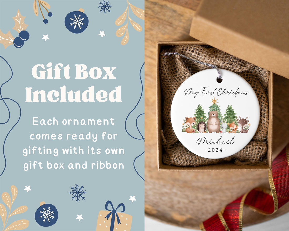 My First Christmas Kids Ornament - Personalized Woodland Name Tag