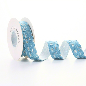 Sparkling Winter Denim Ribbon 1" x 10yd | Sequin Embellished Jean Texture for Christmas | Frozen Style Decor for Wreaths & Gifts H9Neko