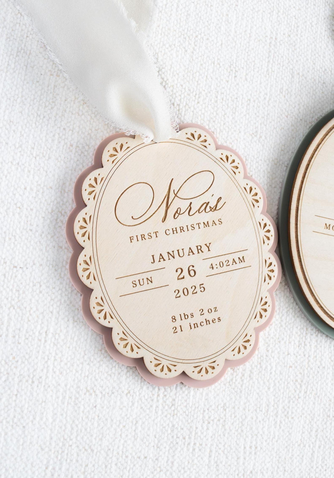 H9Neko Custom Baby’s First Christmas Ornament – Engraved Wooden Birth Stats & Name Gift