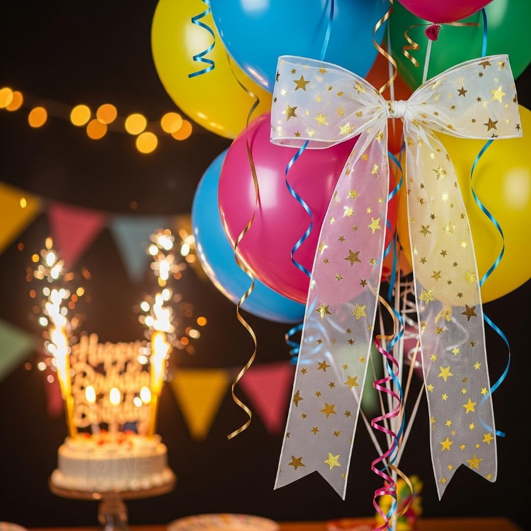 H9Neko 1-Inch Gold Foil Sheer Organza Ribbon |10 Yards Decorative Metallic Print Craft Ribbon for Gift Wrapping, Wedding, Floral Arrangements (Stars)