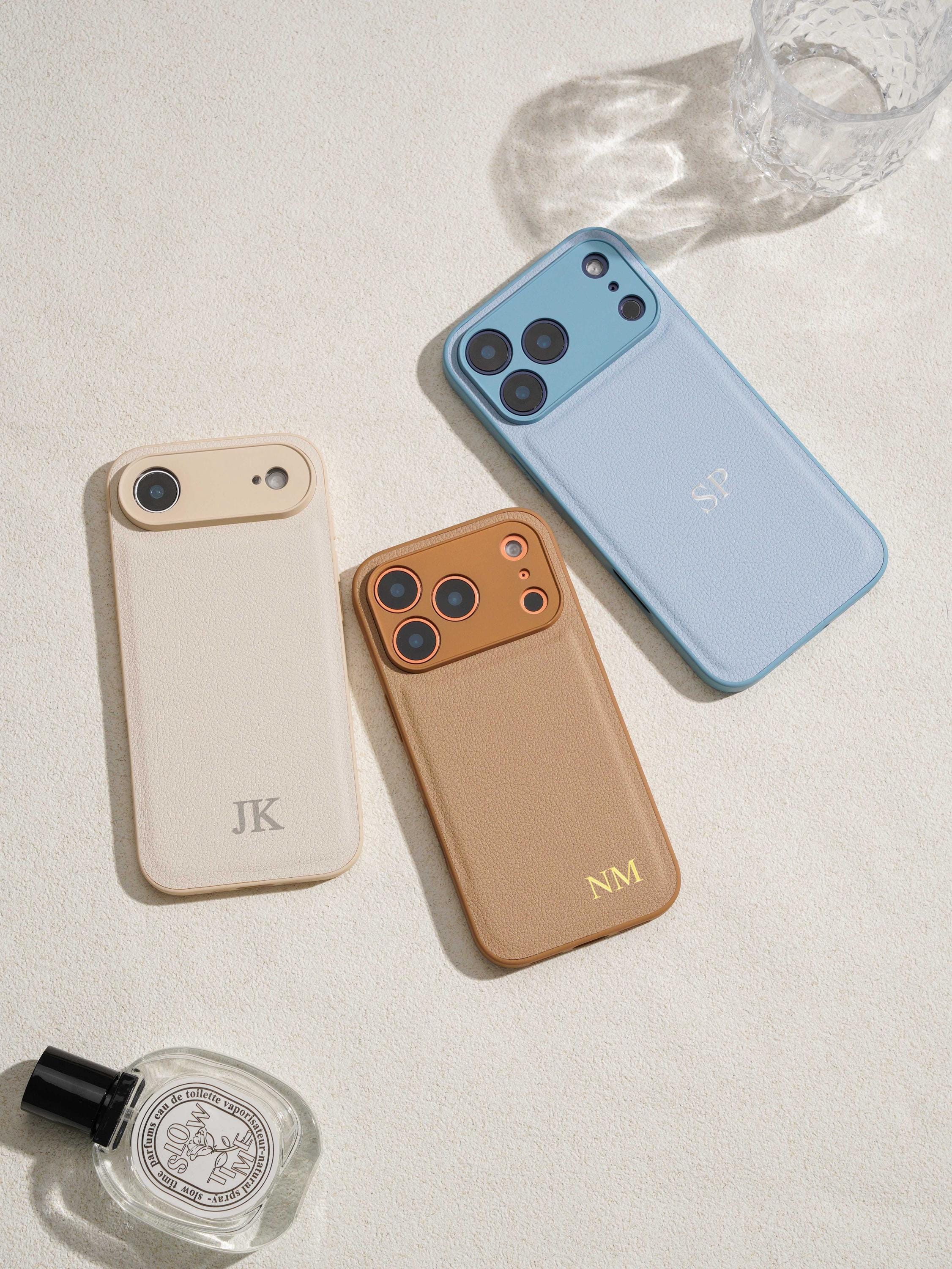 Personalized Leather Phone Case with Initials – Embossed Monogram Vegan Leather Cover for iPhone 17/16/15/14 Pro Max | H9Neko