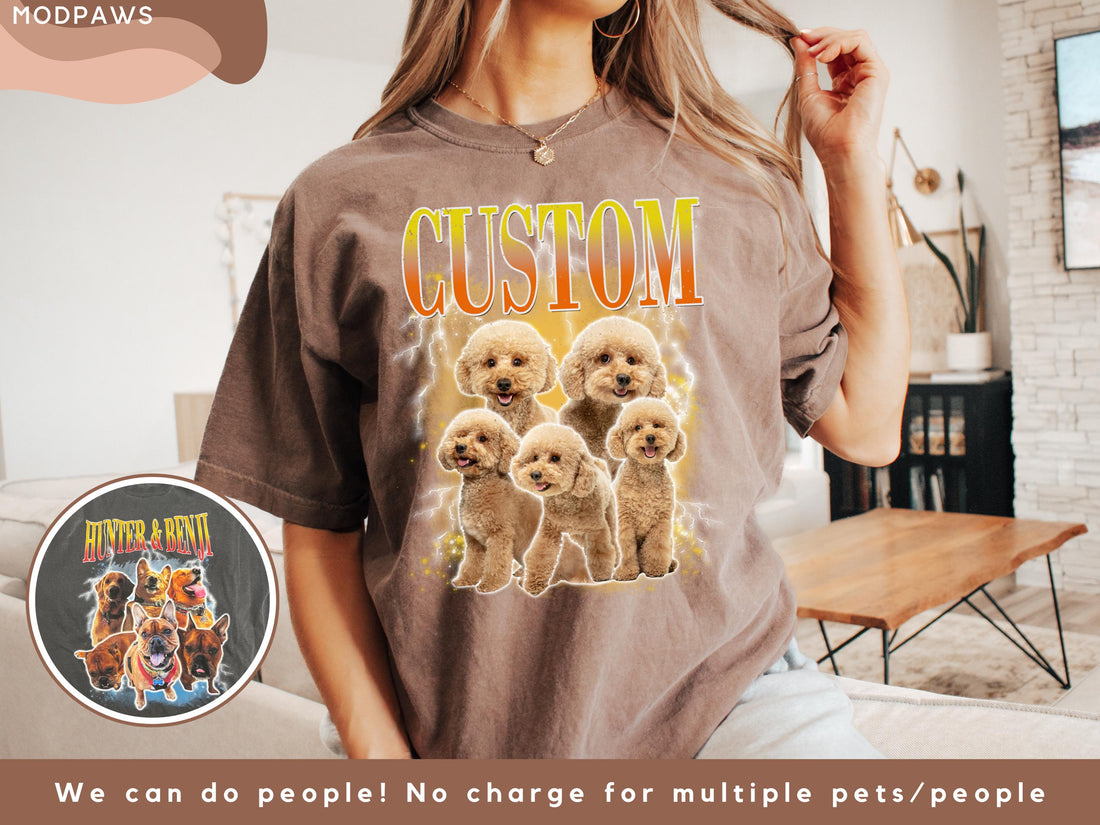H9Neko Custom Comfort Colors Pet Shirt – Vintage 90s Bootleg Dog & Cat Tee, Custom Pet Photo & Name, Personalized Pet Portrait T-Shirt