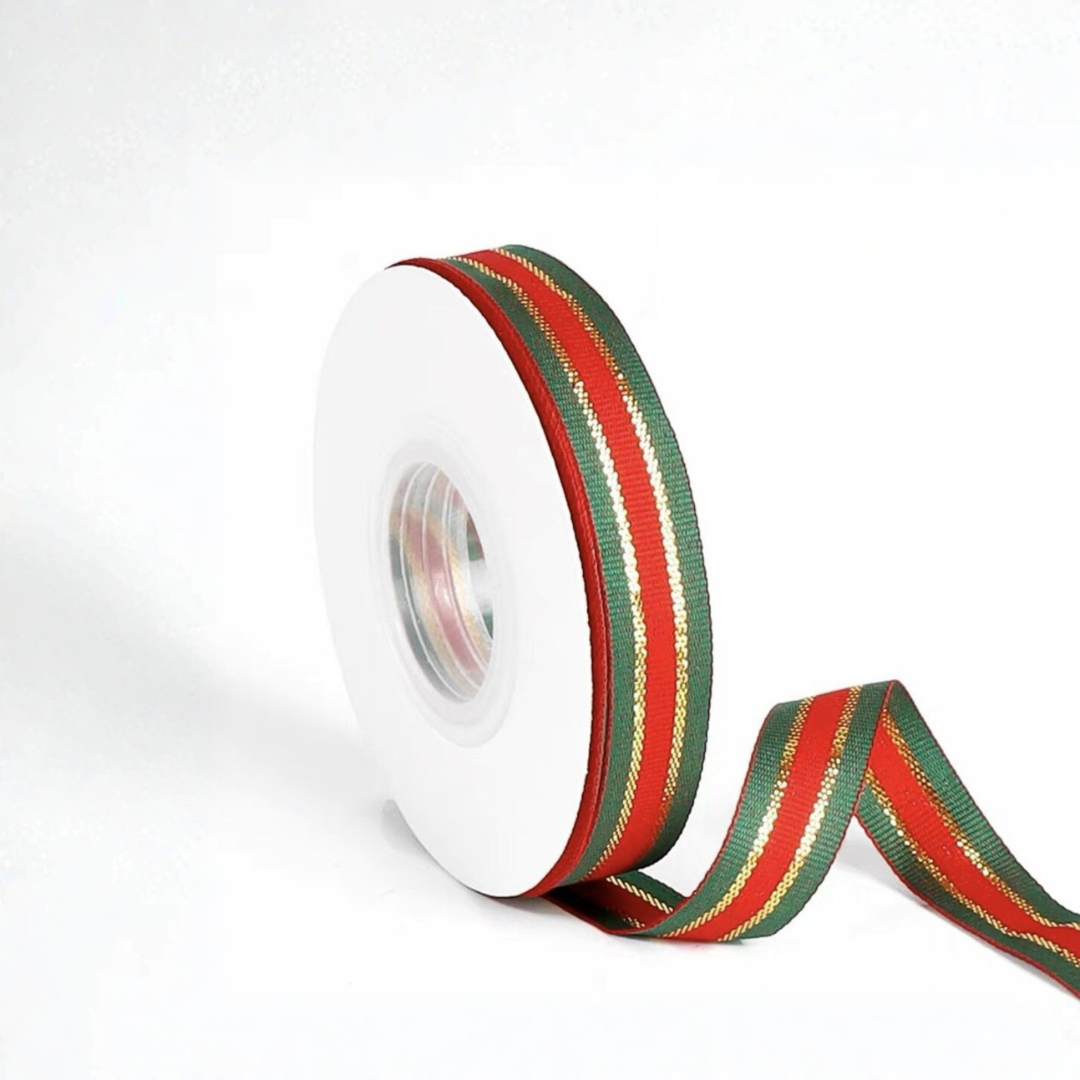 H9Neko Christmas Gift Wrapping Ribbon Wide, Red Green Gold Metallic Holiday Trim | 25 Yard Bulk Roll for DIY Wreaths & Craft Supplies