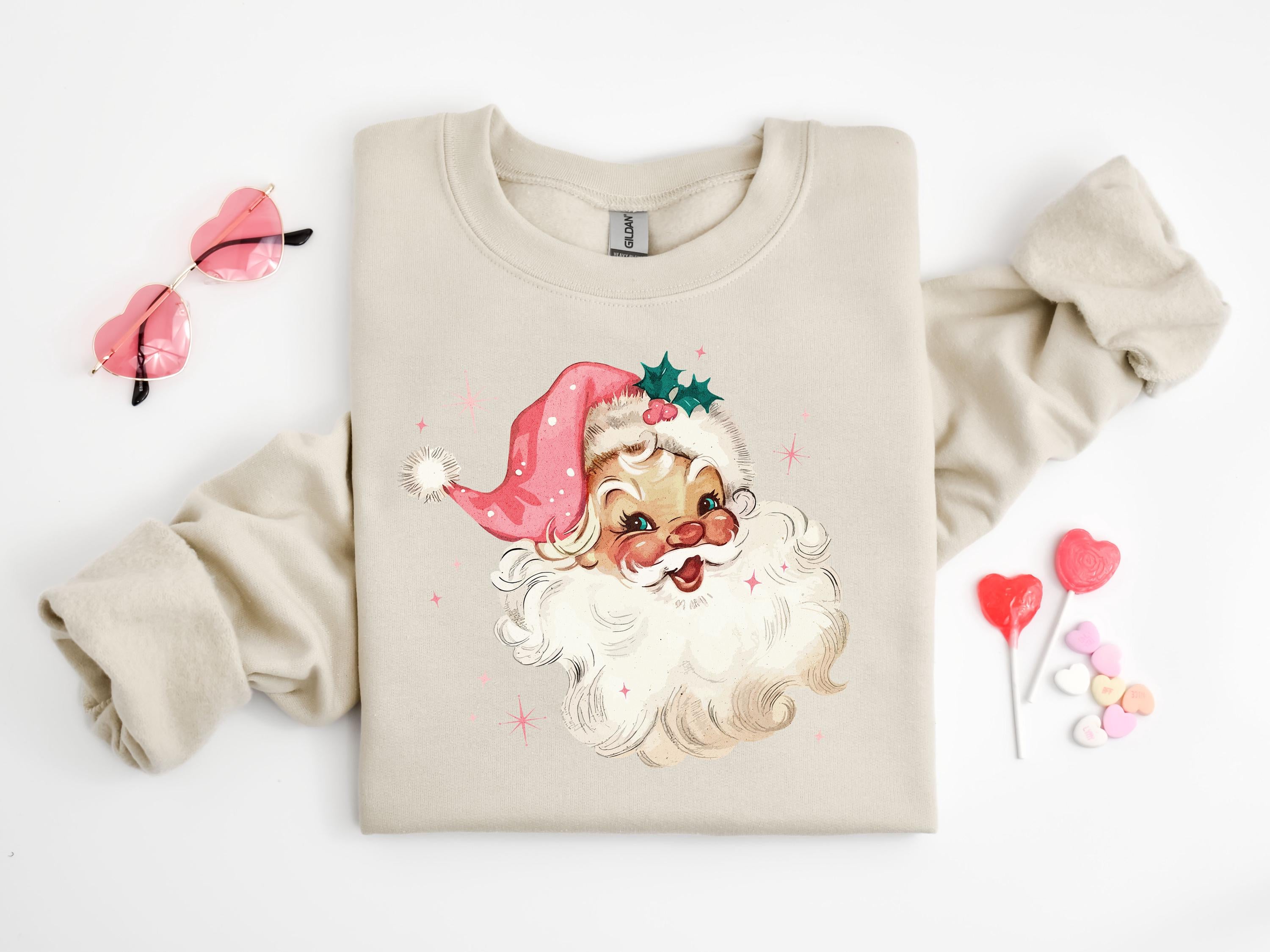 H9NEKO Pink Santa Retro Christmas Sweatshirt - Matching Family Sweater