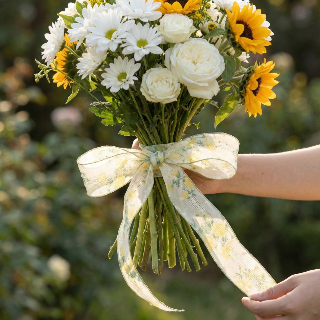 Spring Garden Yellow Flower Ribbon 1" x 10yd | Airy Open-Weave Design for Bouquets & DIY | H9Neko