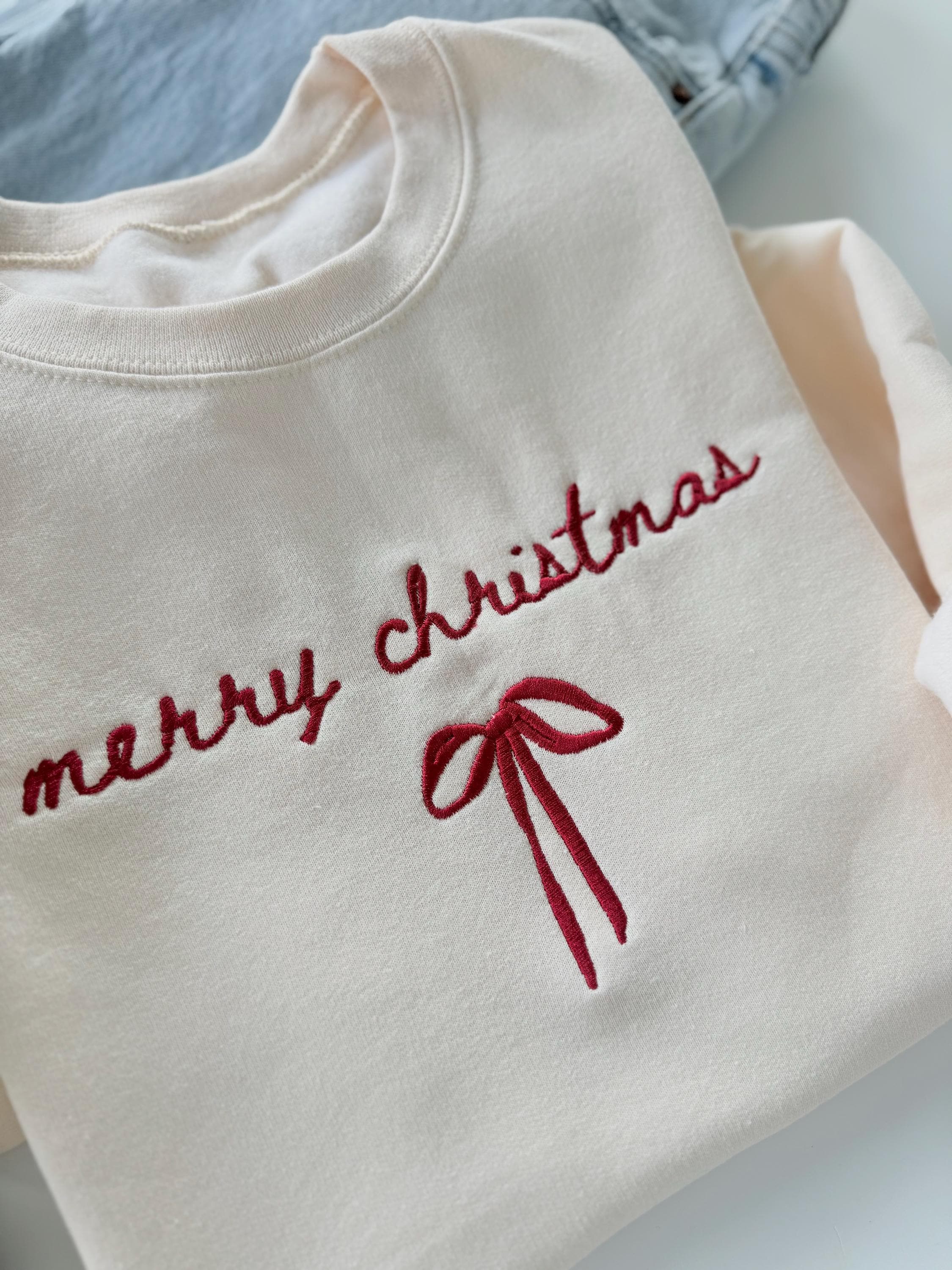 Merry Christmas Bow Sweatshirt - Hand Embroidered Holiday Top