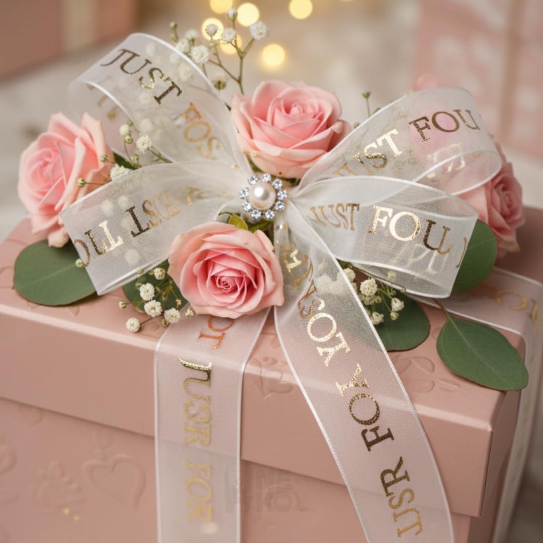 H9Neko 1-Inch Gold Foil Sheer Organza Ribbon |10 Yards Decorative Metallic Print Craft Ribbon for Gift Wrapping, Wedding, Floral Arrangements (JUST for You)