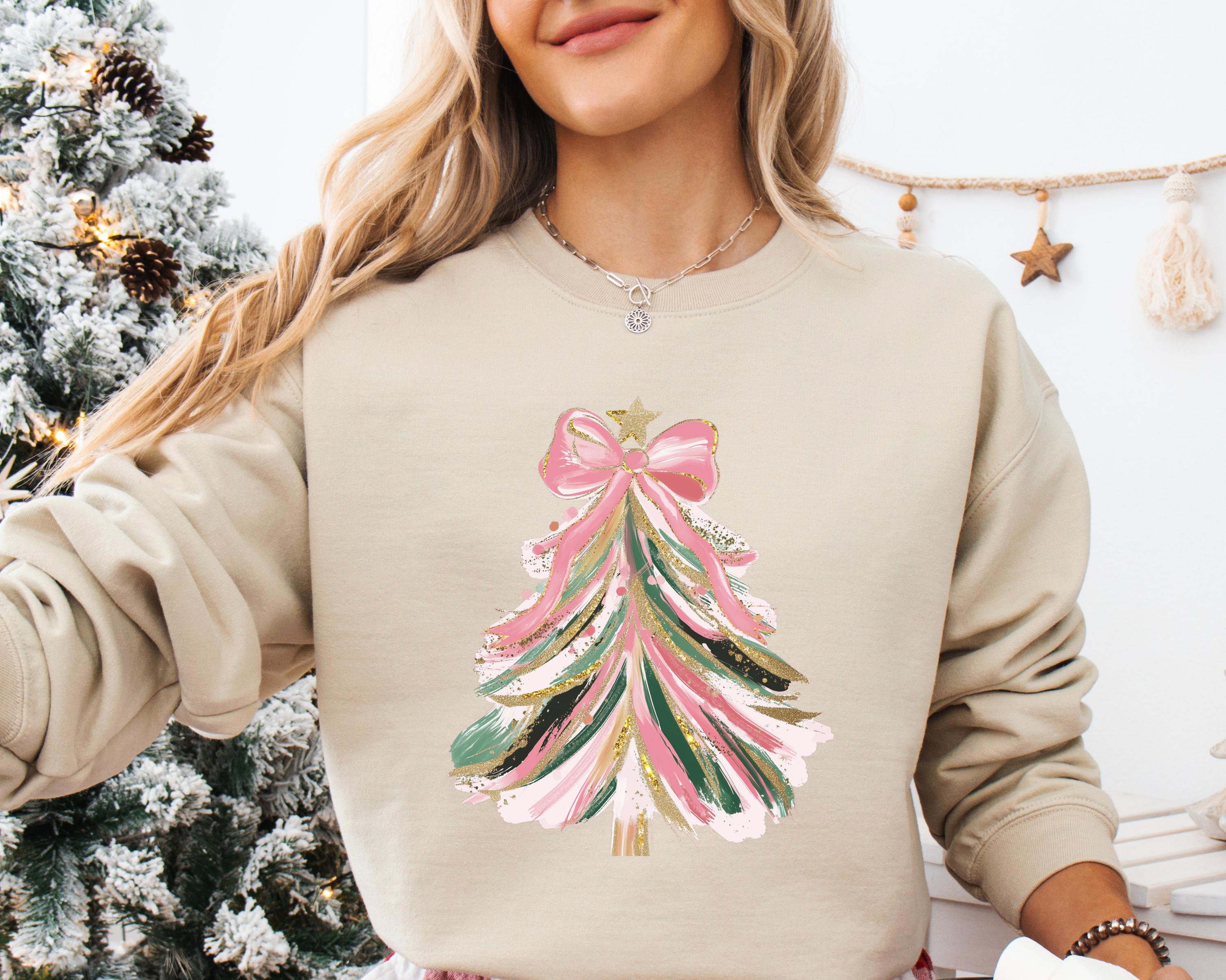 H9Neko Coquette Christmas Tree Sweatshirt – Faux Glitter Brushstroke Holiday Pullover for Christmas Girls