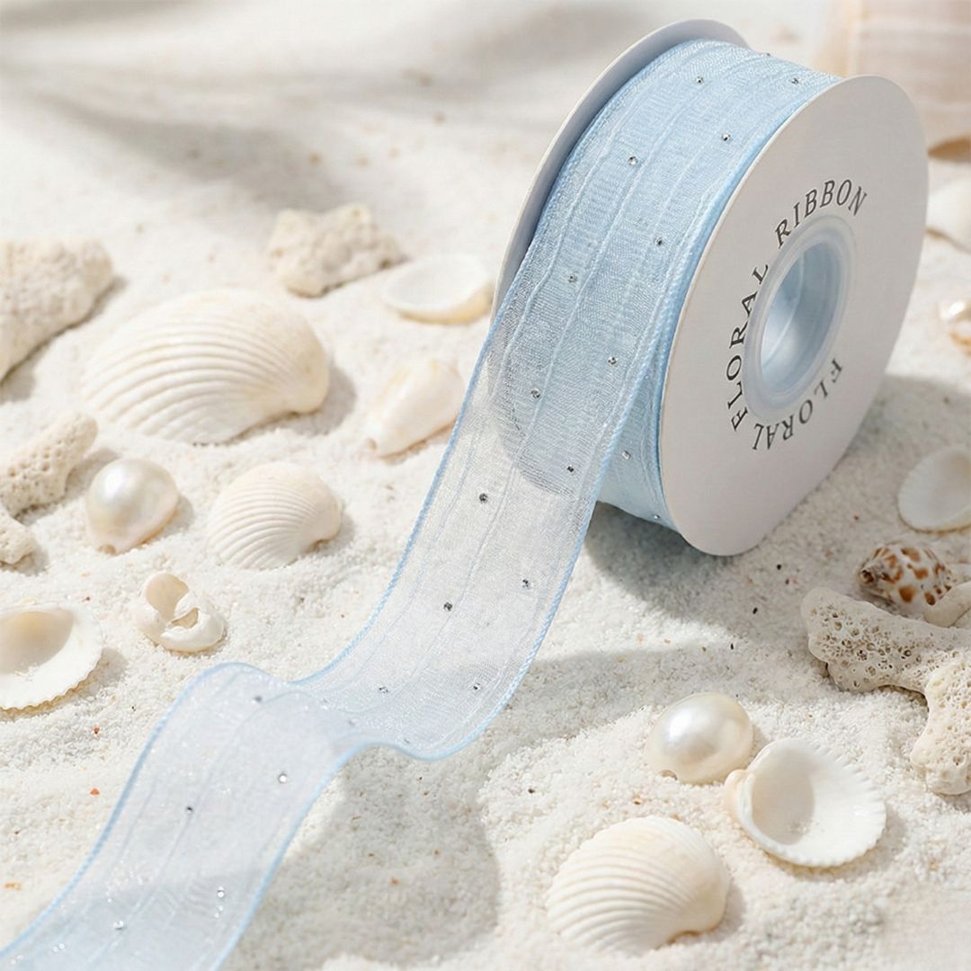 Sky Blue Polka Dot Mesh Ribbon 1" x 10yd | Snowy Effect for Wreaths & Crafts | H9Neko