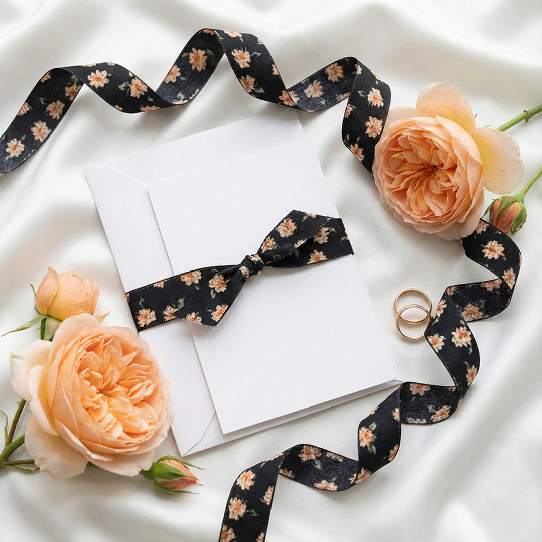 Black & Peach Blossom Ribbon 1" x 10yd | Sophisticated Fall Gift Wrapping Trim | H9Neko